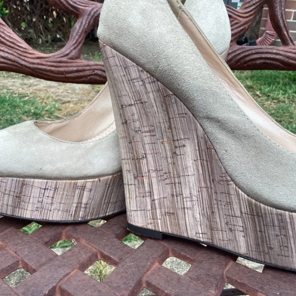 Jean Michel Cazabat Tabia Taupe Suede Leather Painted Wedge Heels Size 38